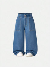 Young Girls' Casual Relaxed-Fit Soft Washed Elastic Waist Denim Wide-Leg Pants, Suitable For Spring And Autumn